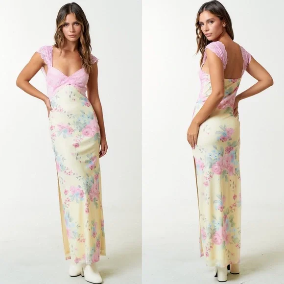 *24 HOUR SALE* Pretty In Pastels Floral Print Lace Maxi Dress - Picture 5 of 11